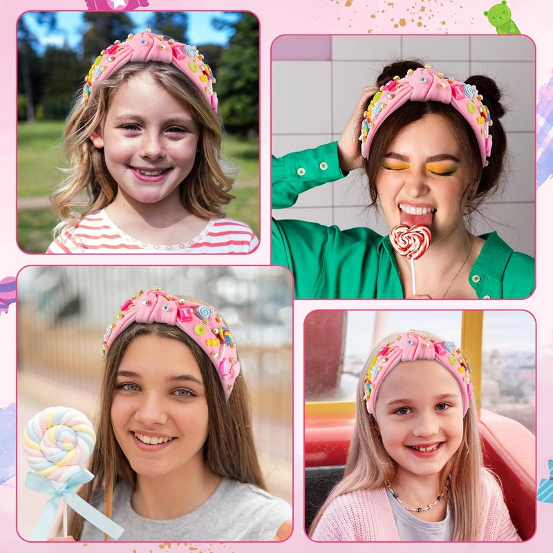 PANTIDE Candy Jeweled Knotted Headband - Christmas Rainbow Lollipop Rhinestone Embellished Preppy Headband Non Slip Wide Top Knot Hairband Hair Accessories Birthday Gift for Women Girls (Pink) - Image 4